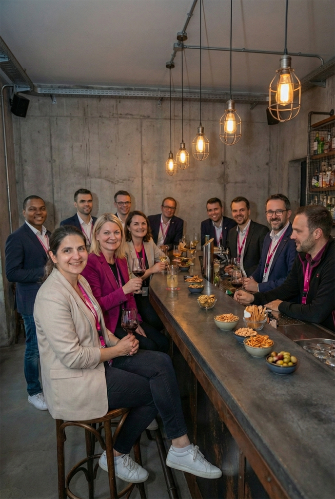 Gruppe sitzt in Bar und trinkt Wein